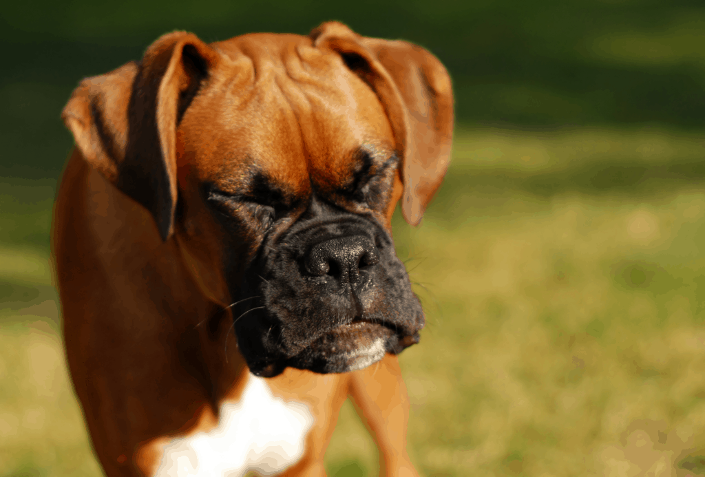 Boxer sneezing outside