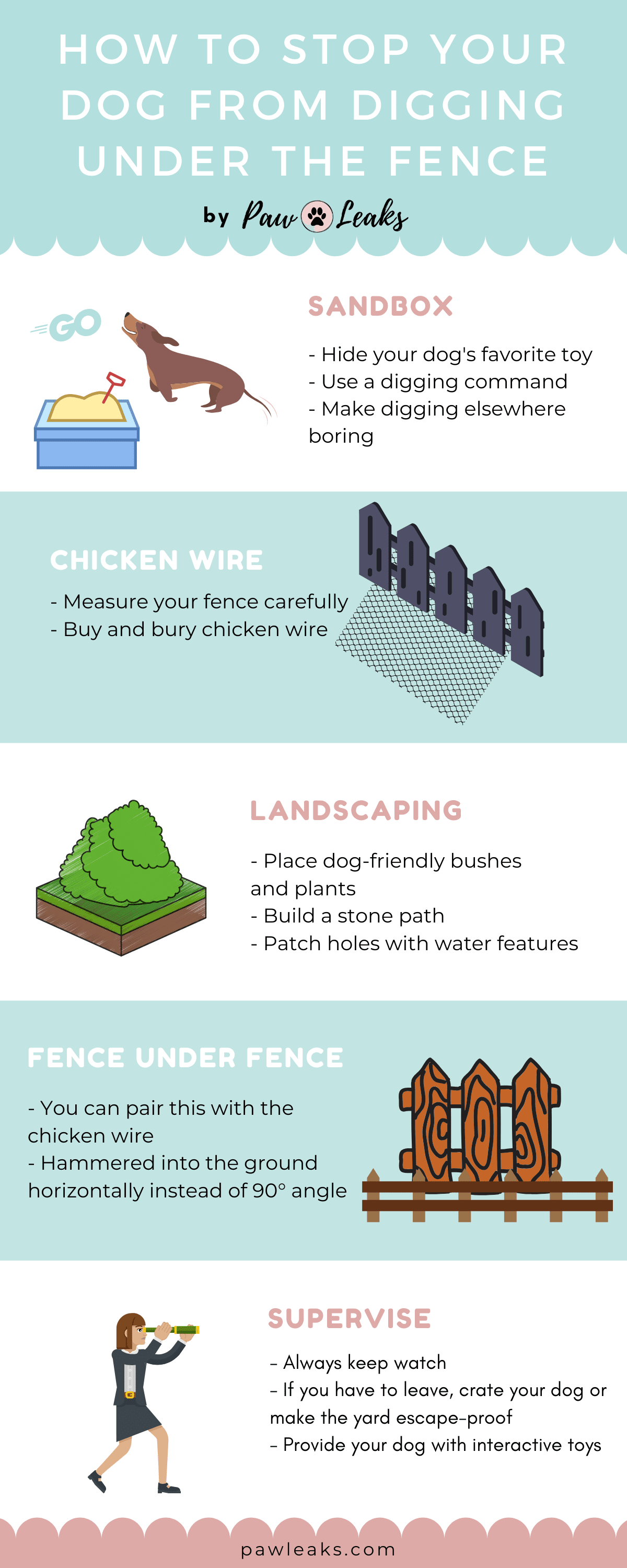 Infographic explaining five steps on how to stop a dog from digging under the fence.