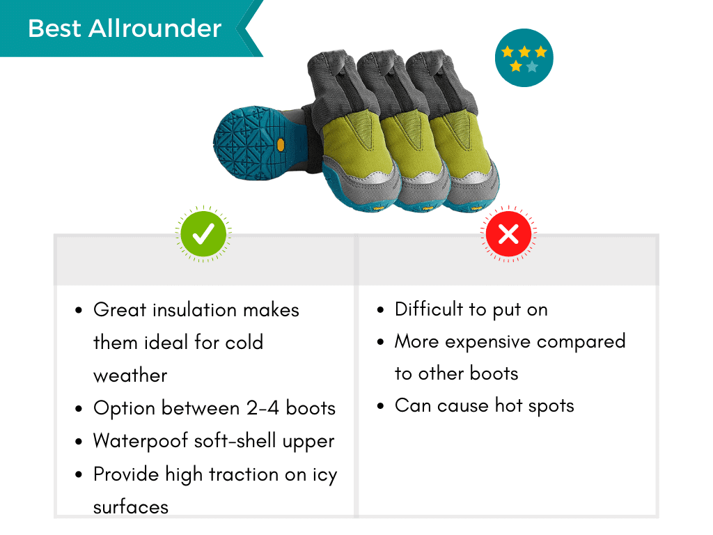 Infographic displaying pros and cons of the best all-rounder waterproof boots for dogs.