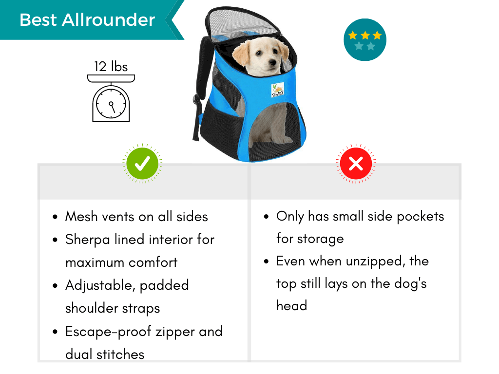 Pros and cons list of the best allrounder backpack to bring dogs with you.