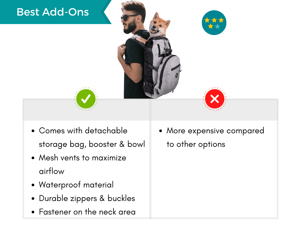 Pros and cons list of the backpack with the best add-ons for dogs.