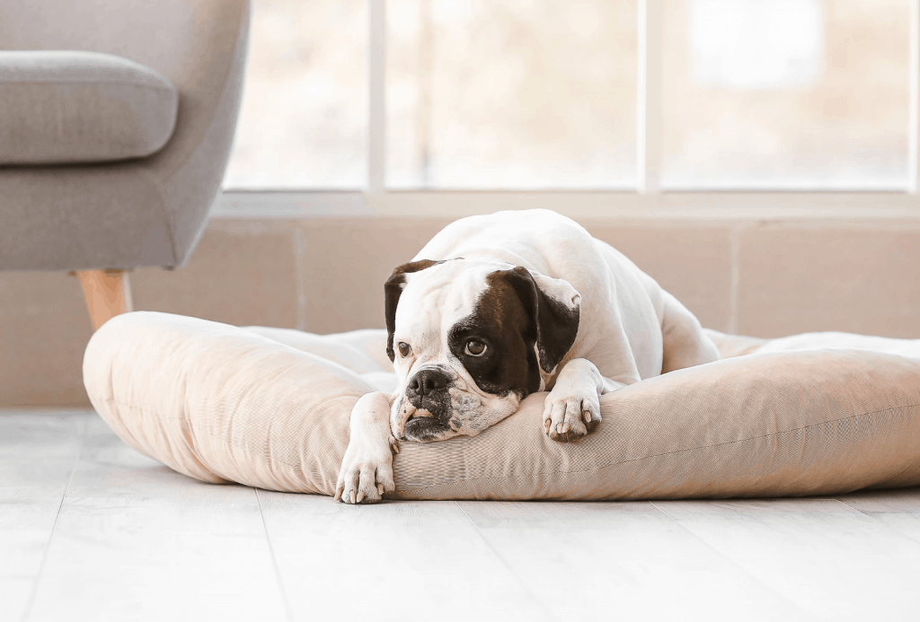 Bulldog laying in his bed at home.