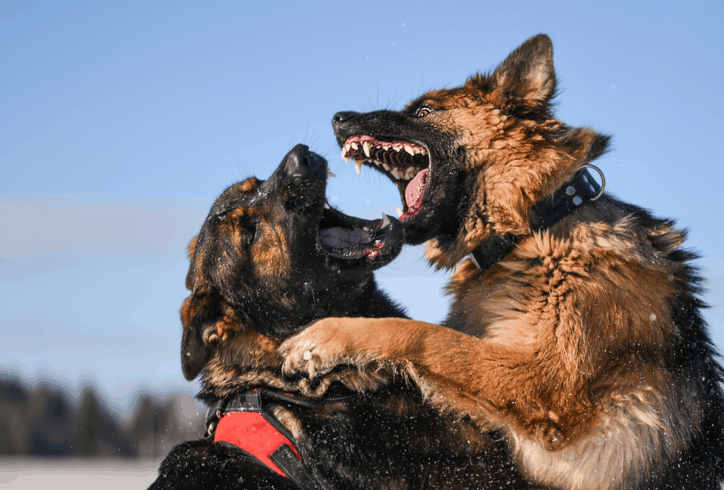 Two German Shepherds fighting.