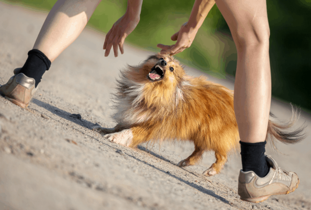 Small dog attacking person.