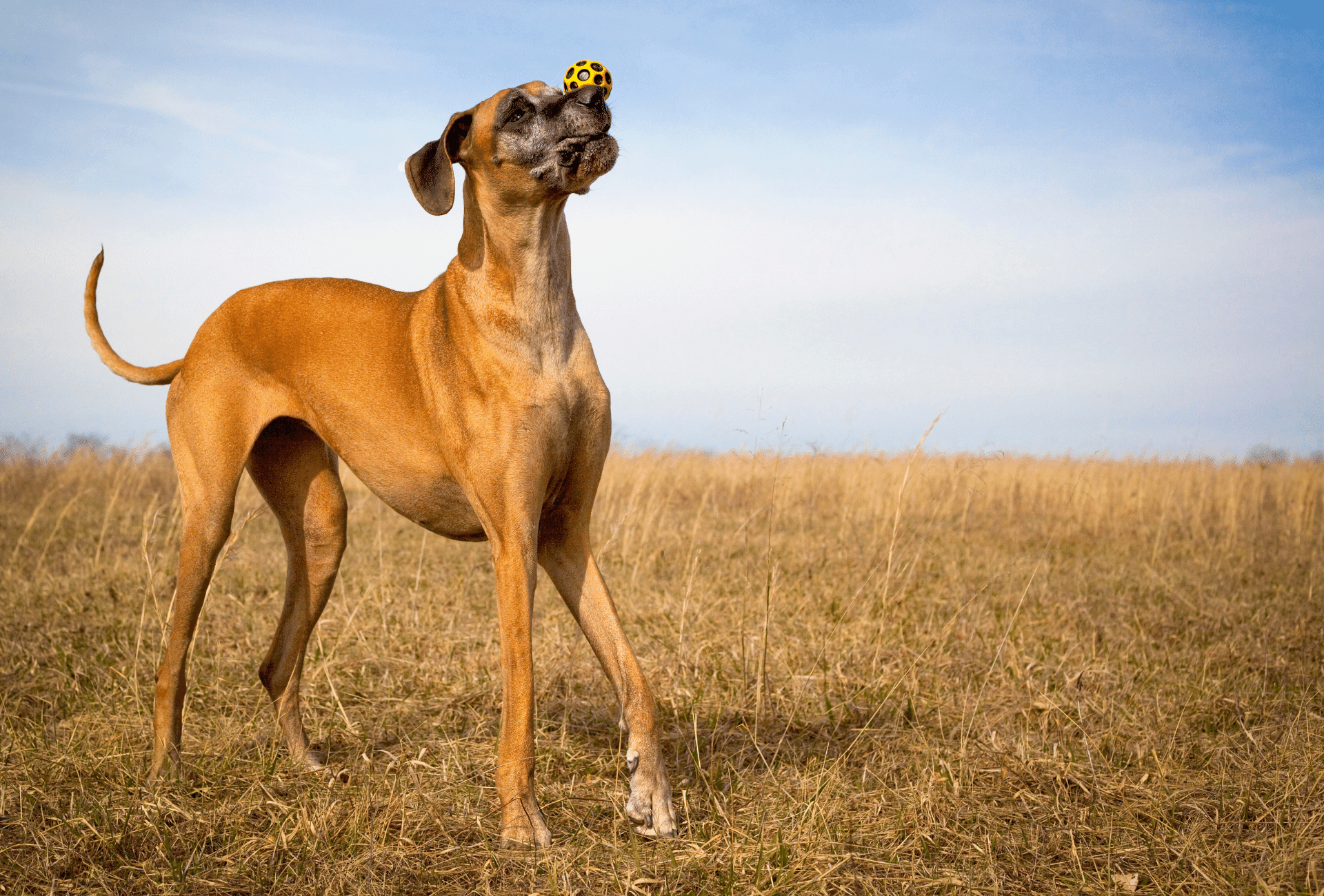 Senior fawn colored Great Dane playing with a ball.