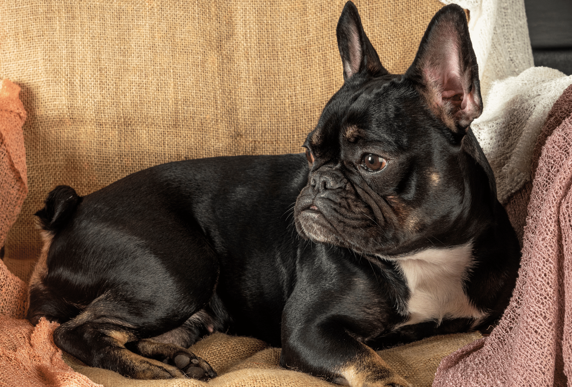 Black and tan French Bulldog on couch.