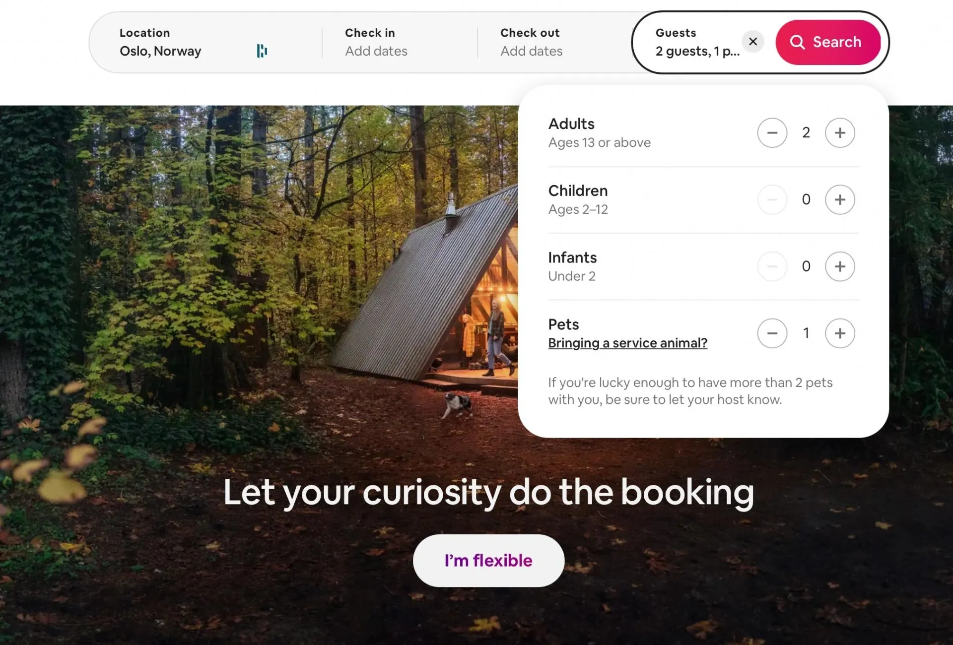 Airbnb website with the pet filter selected to find pet-friendly stays in Norway.