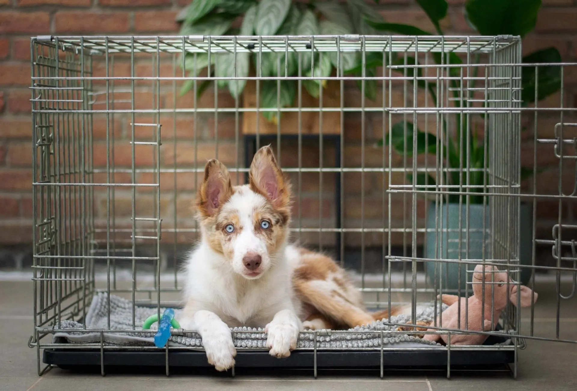 Australian Shepherd puppy with blue eyes is lying inside a metal crate with a blanket and toys.