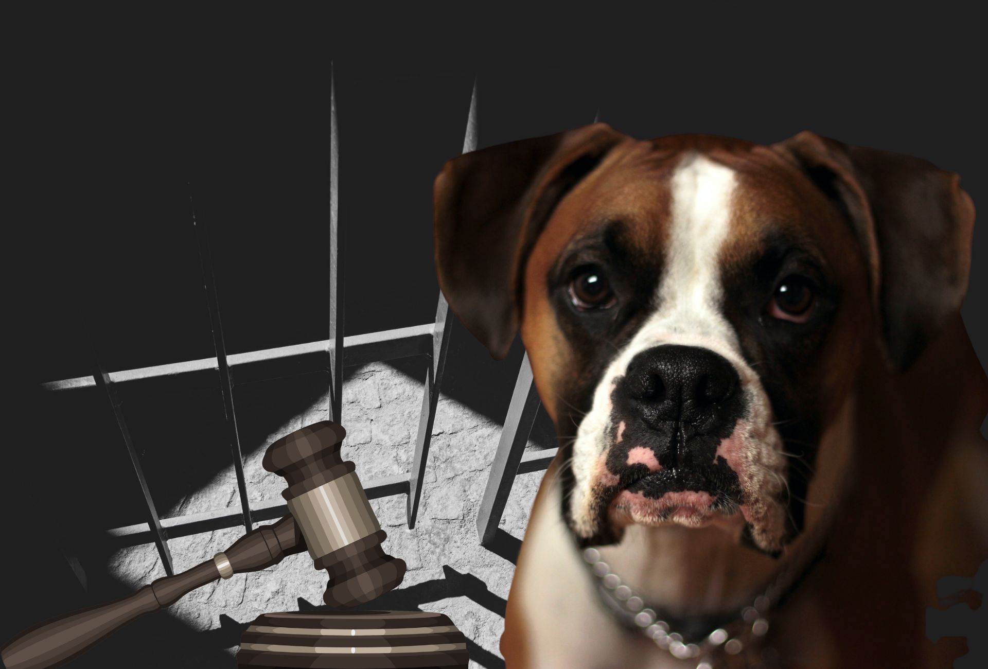 Sad Boxer dog inside a black and white prison with an illustrated gavel symbolising the liability surrounding dog attacks.