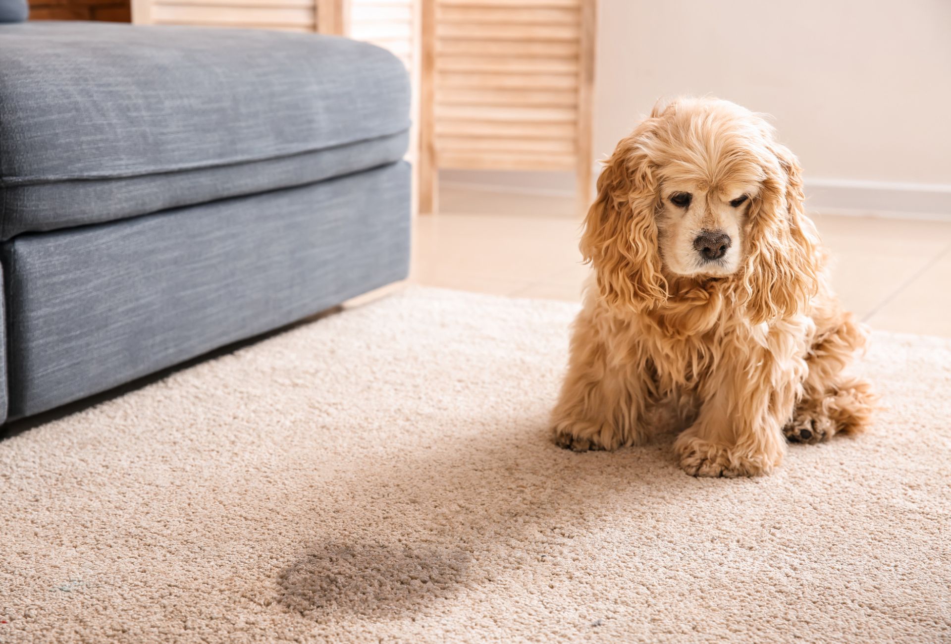 Small dog near wet spot on the carpet.