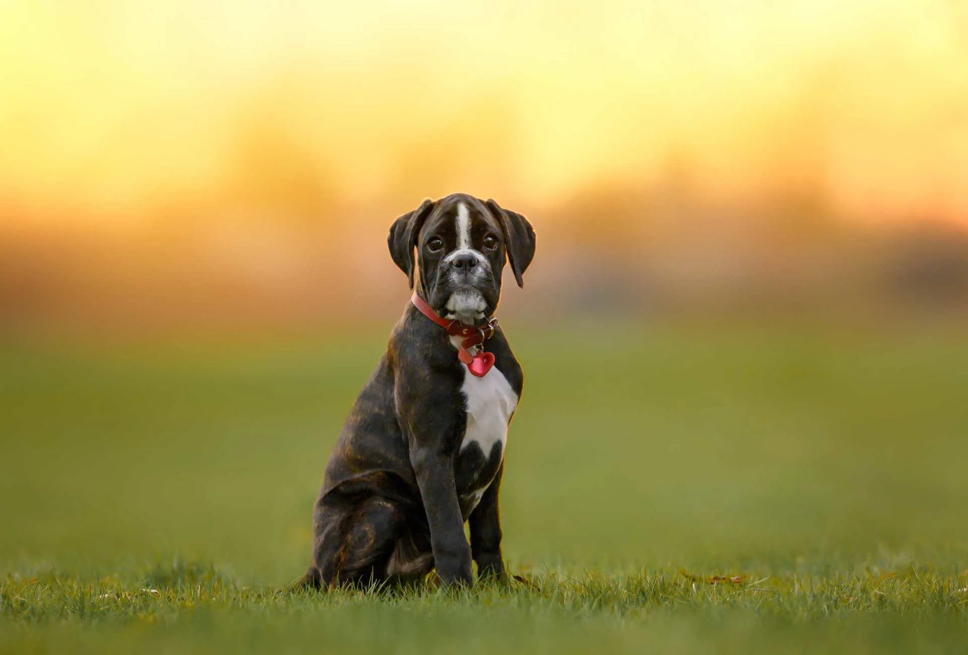 Boxer puppy sitting on grass with a red collar and the sunset in the background.