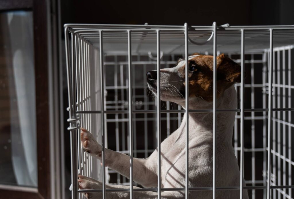 Jack Russell stands inside a crate.