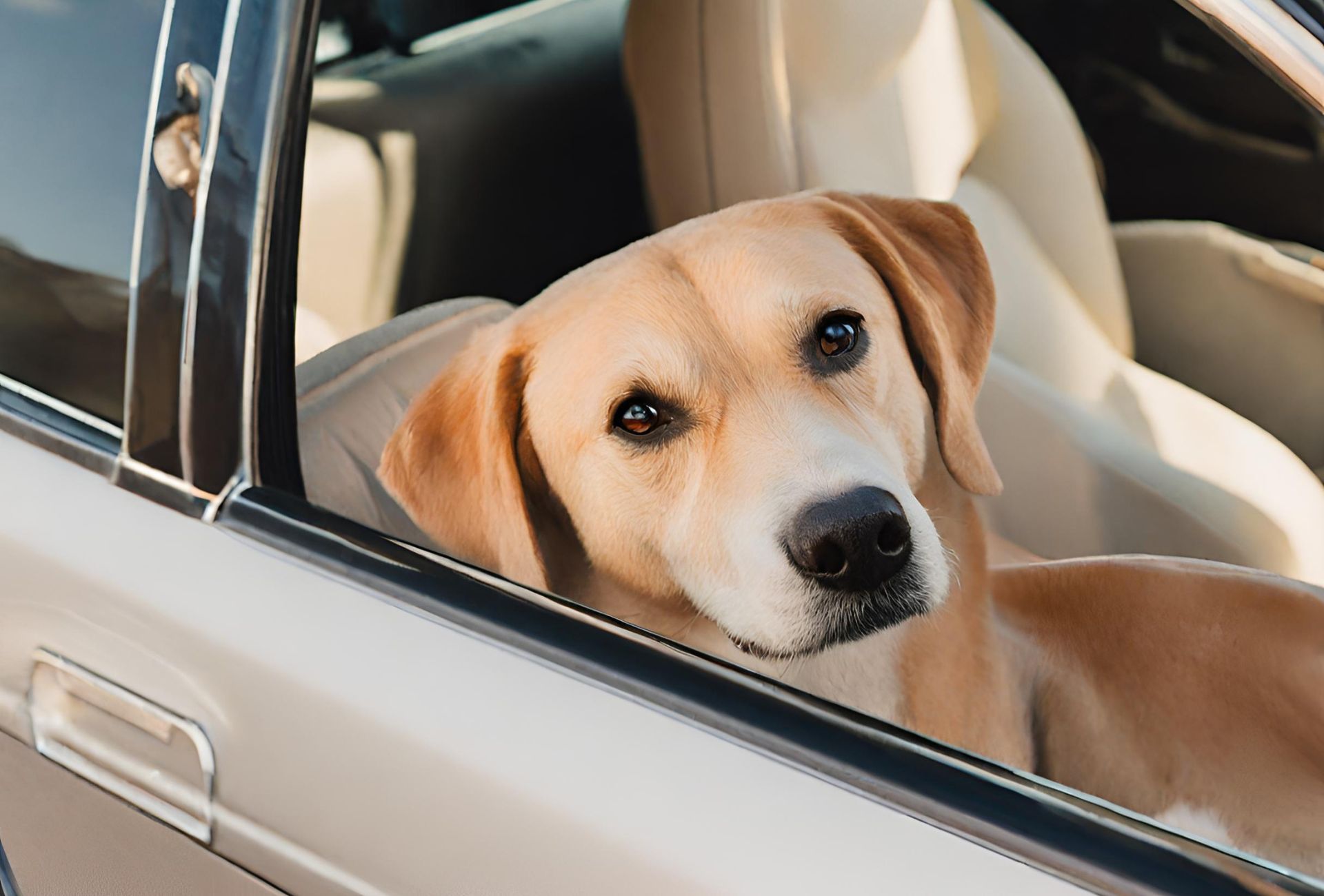 Brown dog sitting in the passenger seat of a beige car and looking out the window.