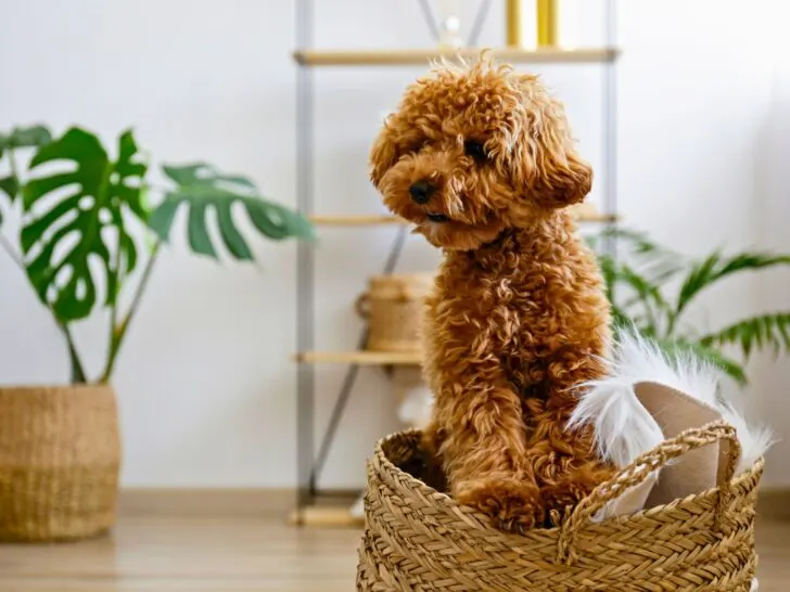 Brown Maltipoo in a plant basket in the living room.